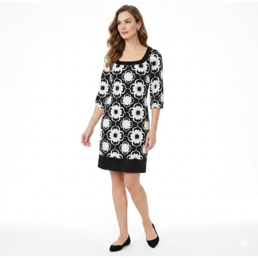White House Black Market Shift Dress Sz 4 Black White Print 100% Silk 3/4 Sleeve